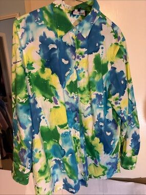 Jones New York Blue Green White Watercolor Button-Down Shirt